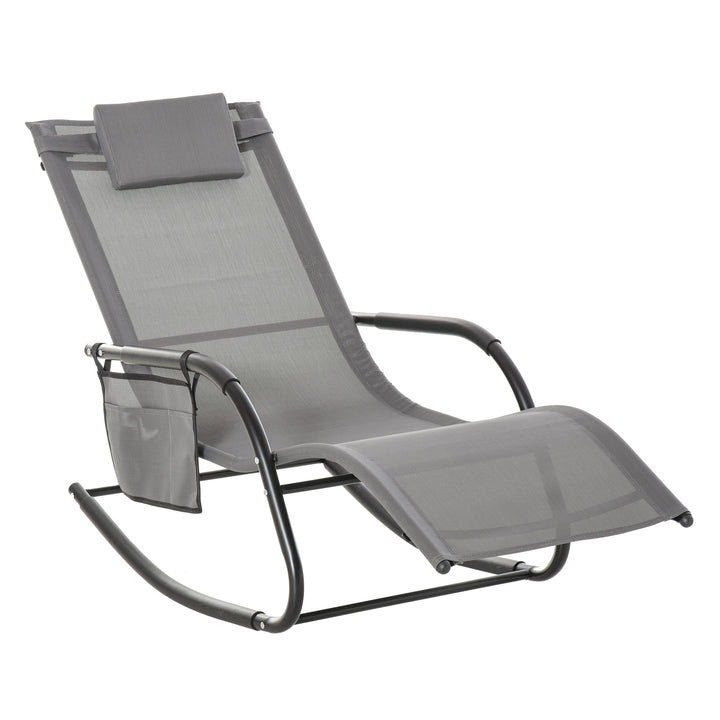 Outdoor Garden Rocking Chair, Patio Sun Lounger Rocker Chair with Breathable Mesh Fabric, Removable Headrest Pillow, Armrest, Side Storage Bag, Grey