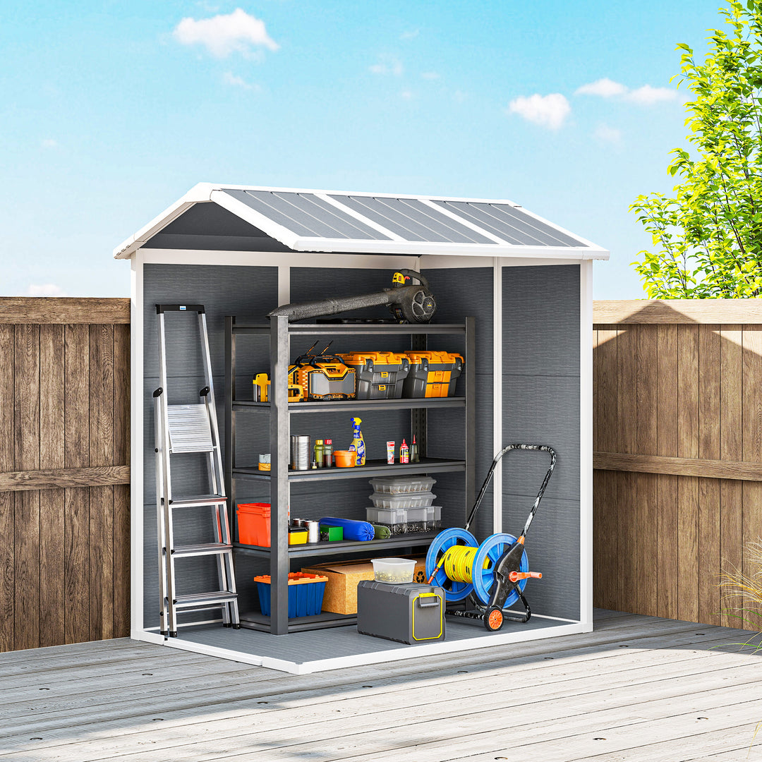 4 x 6ft Garden Shed, Plastic Shed with Floor, Window, Lockable Door and Vents, Resin Tool Shed for Outdoor Patio Storage, Zero Maintenance, Grey