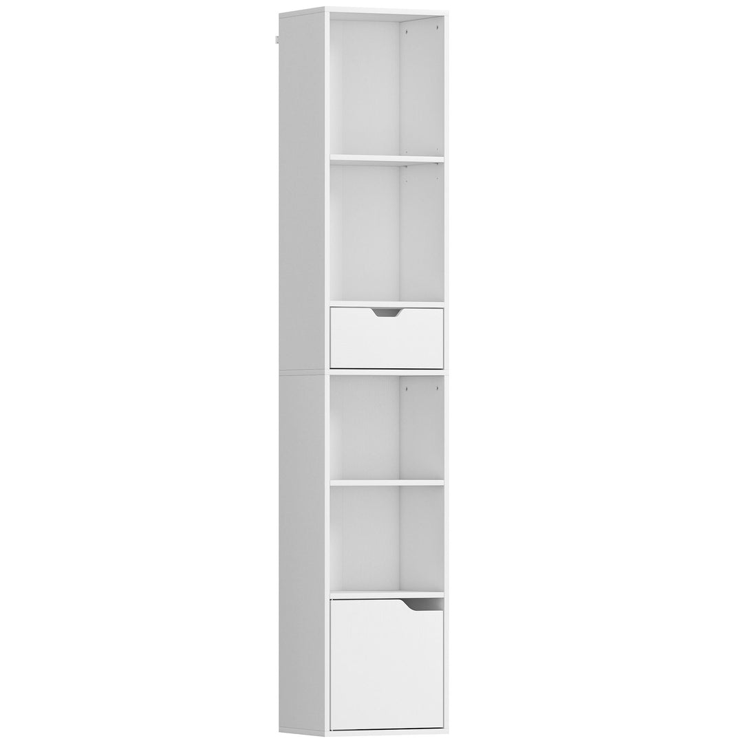 MCL 6-Tier Bookcase, Tall Narrow Bookshelf with Drawer and Door - White