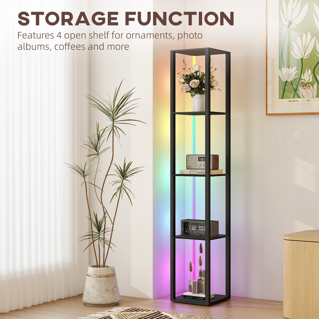 RGB LED Floor Lamp with Shelves, Modern Dimmable Standing Lamp with Remote Control, Adjustable Brightness & Speed for Living Room, Bedroom, Office, Black