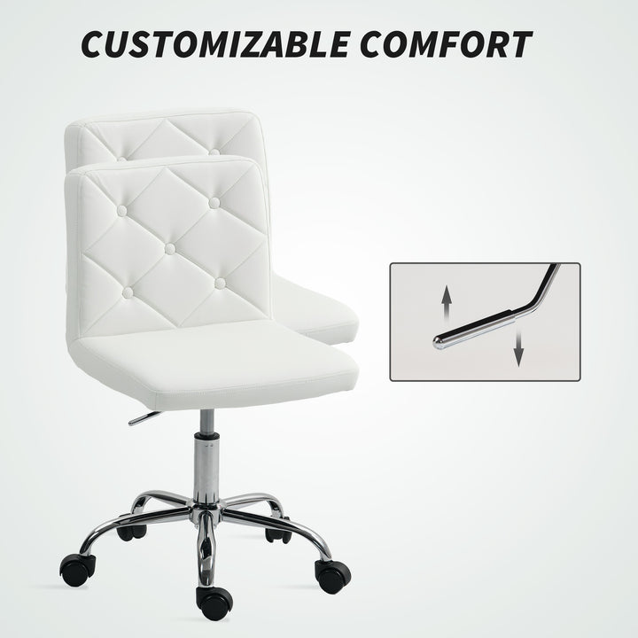 PU Leather Armless Office Chair, Modern Vanity Computer Swivel Chair with Rolling Wheels and Adjustable Height for Home Study, Bedroom, White