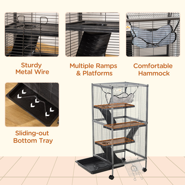 MCL Small Animal Cage with Wheels Pet Home for Chinchillas Ferrets Kittens, with Hammock, 4 Platforms, Removable Tray, Silver