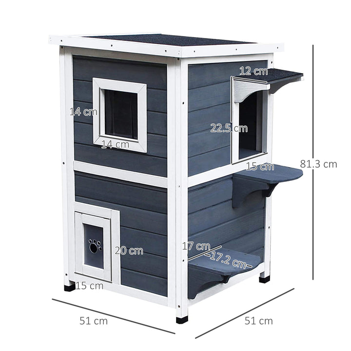 Wooden Cat House 2-Floor Outdoor Kitten Shelter with Window Grey