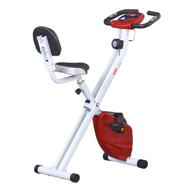 Folding Exercise Bike, Fitness Bicycle Indoor Trainer, 8-Level Magnetic Resistance Adjustable, with LCD Monitor, Pulse Sensor, Red