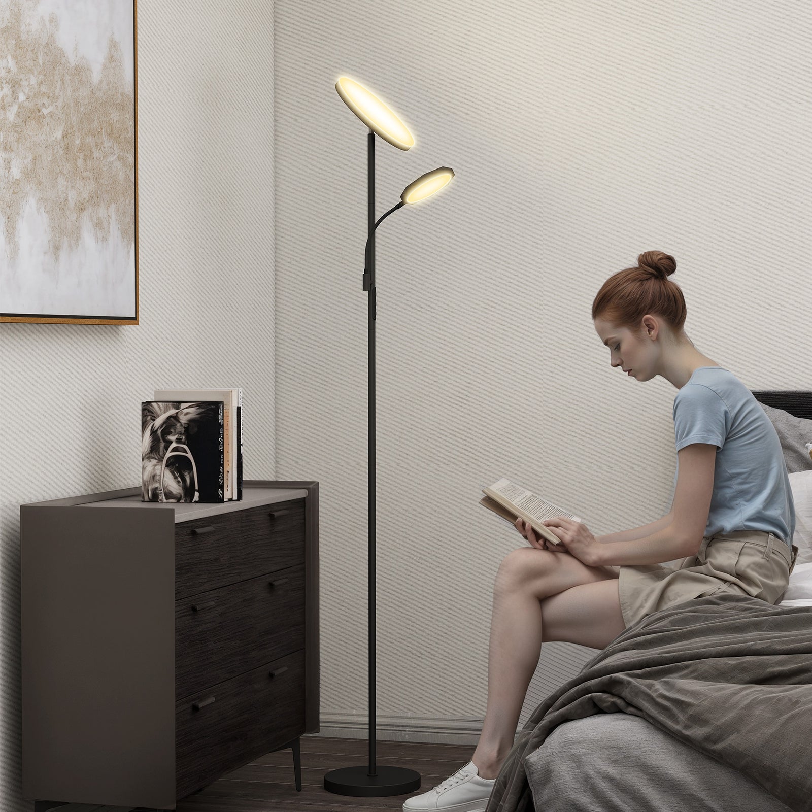 LED Floor Lamp for Living Room, Stepless Dimmable Standing Lamp, Mother and Child Uplighter with Reading Light, 4 Scene Modes, 2700K-6500K Colour Temps, 4 Brightness Levels, Remote Control