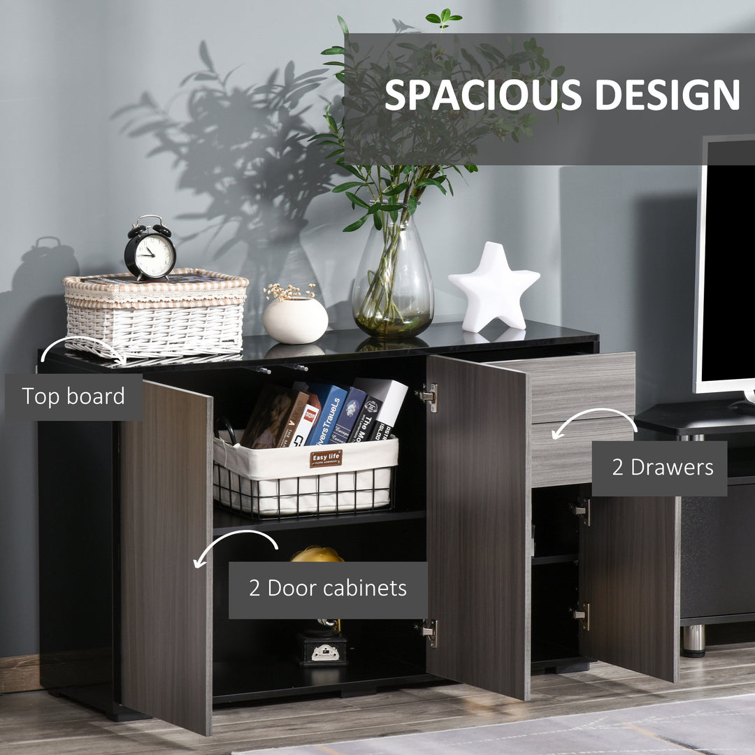 High Gloss Side Cabinet, Push-Open Design with 2 Drawers and 2 Cabinets for Living Room, 74H x 117W x 36Dcm, Light Grey and Black
