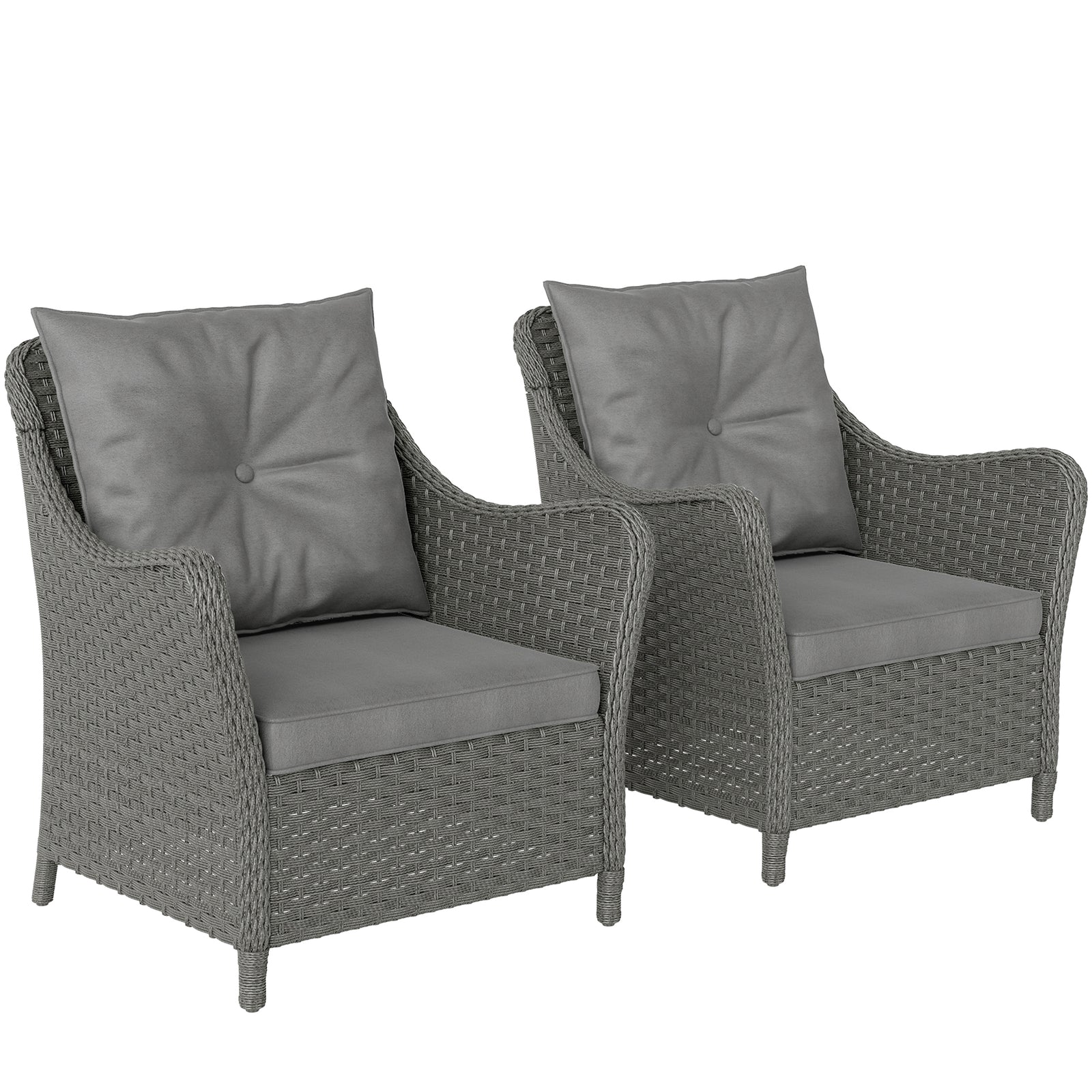 Rattan Garden Chairs Set of 2, Outdoor Rattan Chairs with Cushions, Armrests and High Back, PE Wicker Garden Armchair with Steel Frame for Balcony, Porch, Dark Grey