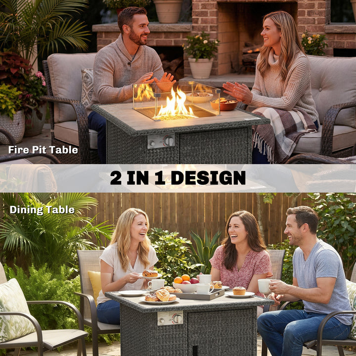 14.5 KW Rattan Gas Fire Pit Dining Table with Rain Cover, Wind Guard, 