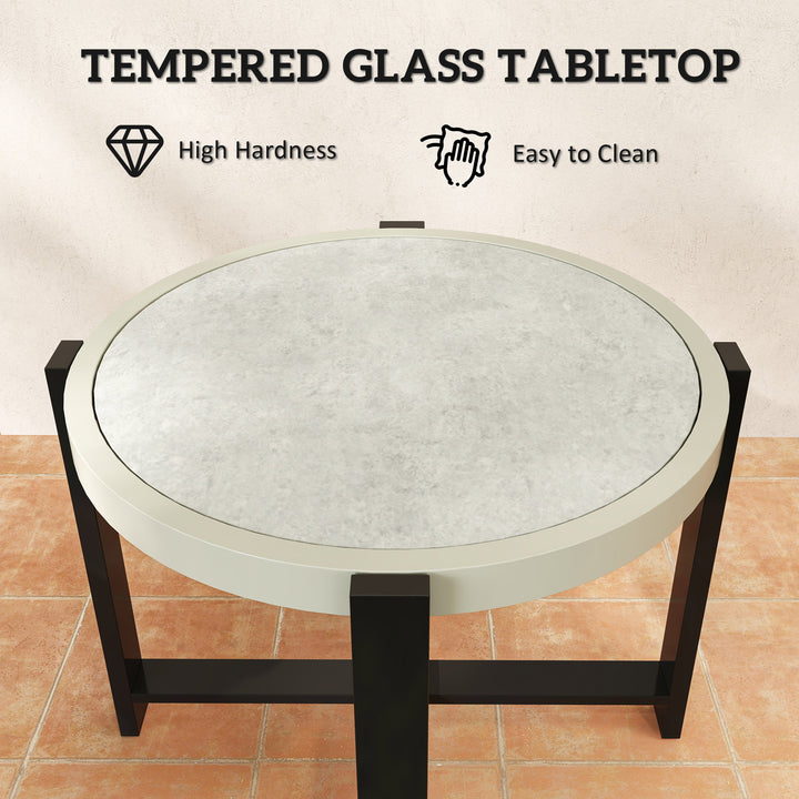 Round Small Garden Table, 60cm Outdoor Side Table with Faux Marble Tempered Glass Top, Aluminium Frame for Garden, Patio, Balcony, Light Grey