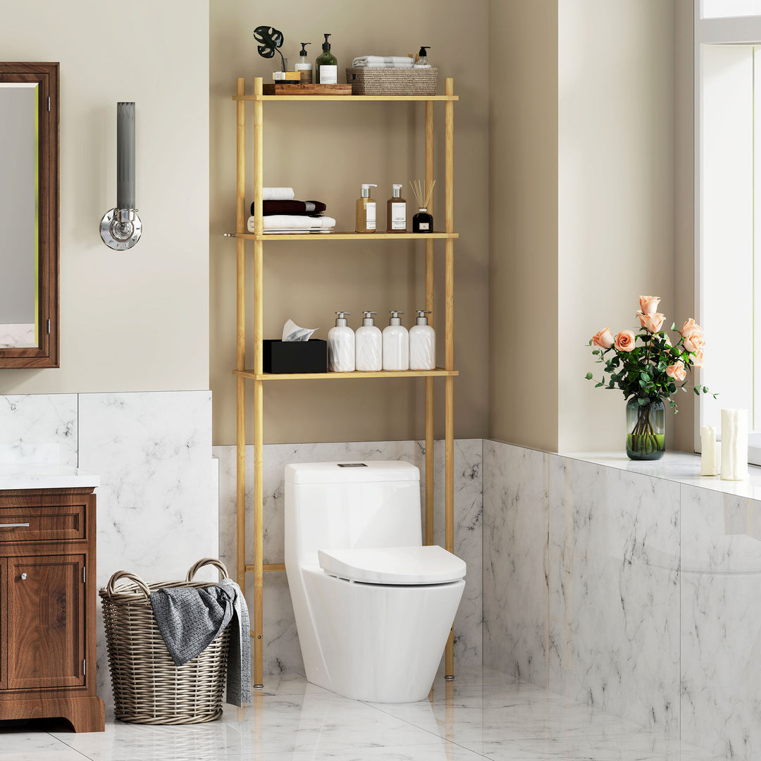 Bamboo Over Toilet Storage Unit with 3 Slatted Shelves, 3-Tier Freestanding Bathroom Shelf, Bathroom Space Saver, Natural Wood Finish