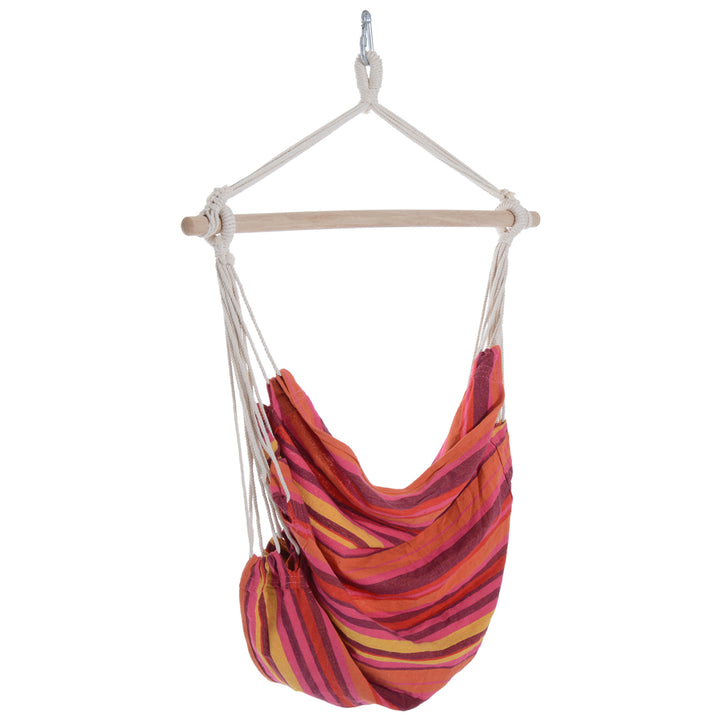 MCL Outdoor Hanging Rope Chair with Cotton Rope, Garden Hammock Chair with Wooden Support Bar Cotton Cloth, Portable Garden Chair for Patio & Tree, Red