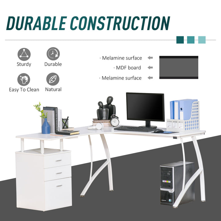 L-Shaped Computer Desk Table with Storage Drawer, Home Office Desk Corner Industrial Style Workstation for A4 Files 143.5 x 143.5 x 76cm, White