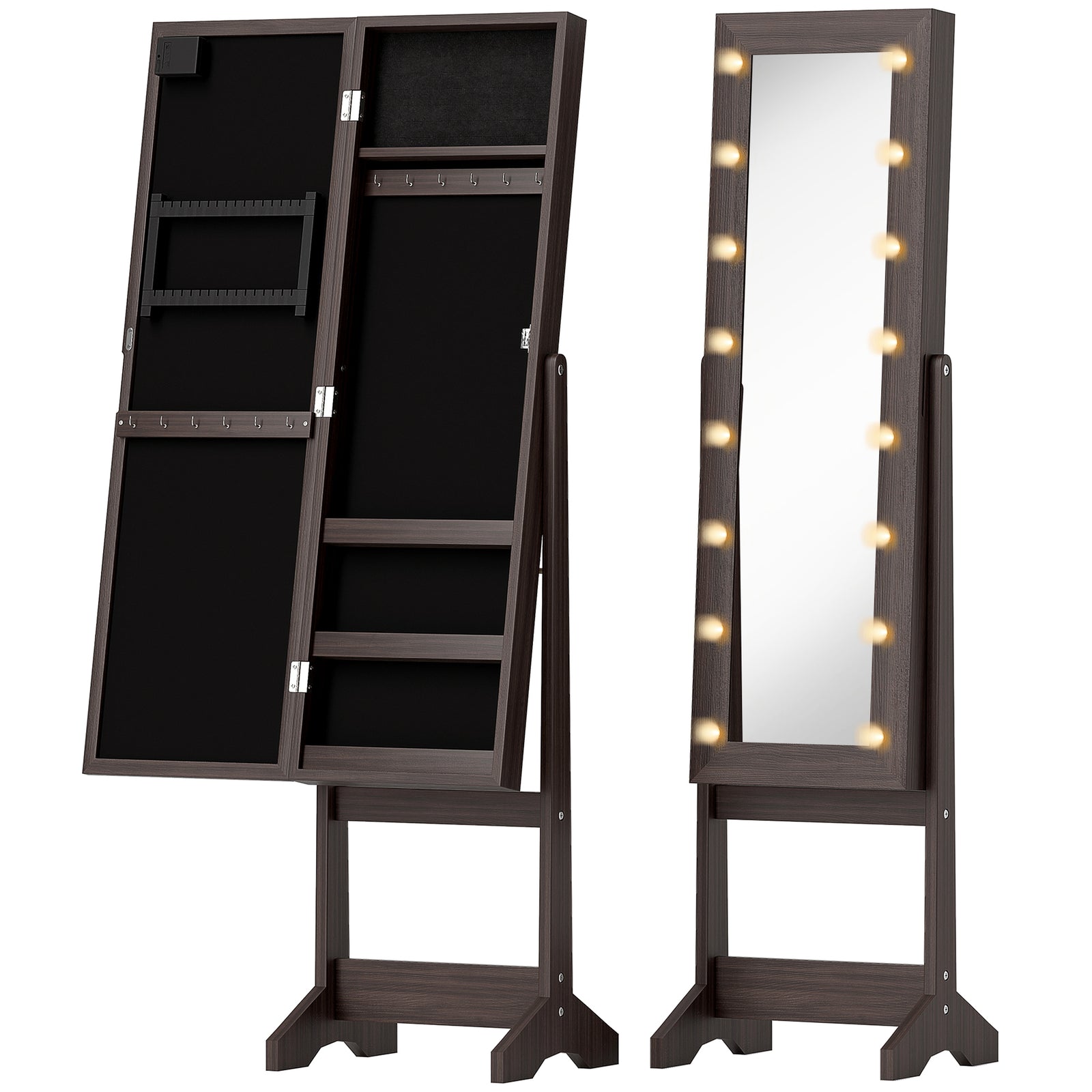 Freestanding Mirror Jewelry Cabinet with LED Lights, Jewellery Organiser with 3 Angle Adjustable, Full-Length Mirror with Storage for Earrings, Necklaces, Rings and Lipsticks, Dark Brown