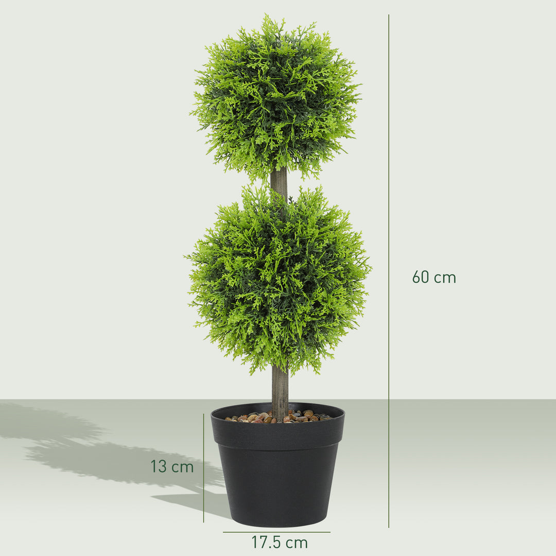 Set of 2 Decorative Artificial Plants, 60cm Faux Topiary Cypress Ball Trees with Plastic Pot and Pebbles, Fake Plants for Home Office Decor, Green
