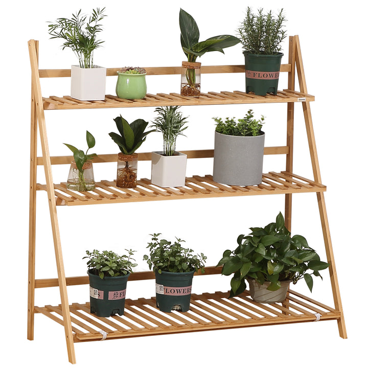 Outsunny Bamboo Plant Stand: 3-Tier Folding Display Shelf Rack for Indoor Greenery, Natural Finish, 98x37x96.5cm | Aosom UK