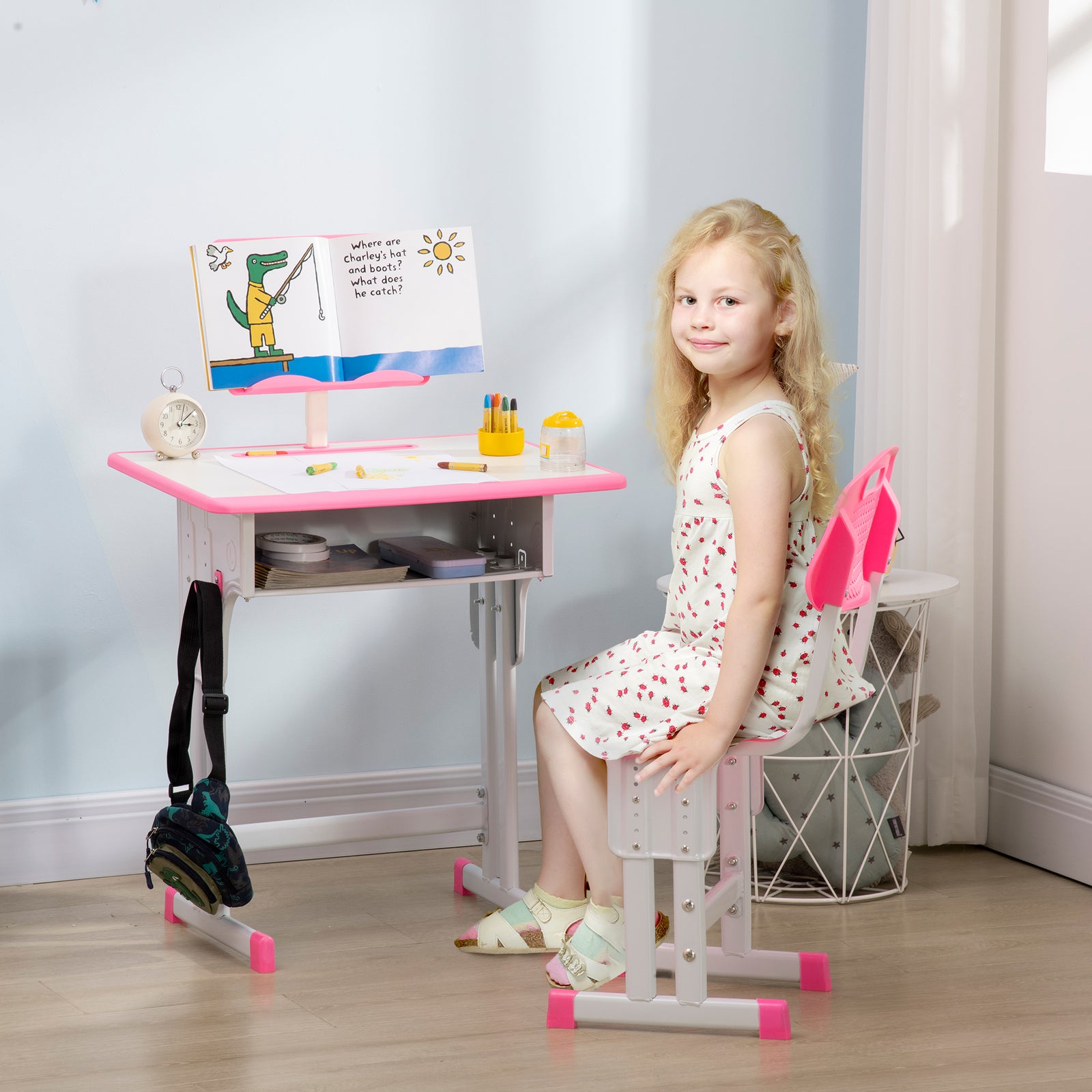 Kids Adjustable Desk and Chair Set, Book Stand, Pen Slot - Pink