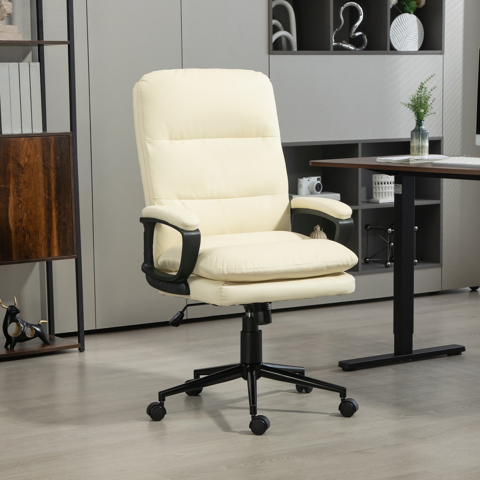 Office Chair, PU Leather Computer Desk Chair Office Chair with Adjustable Height and Swivel Rolling Wheels for Work Study, Cream White