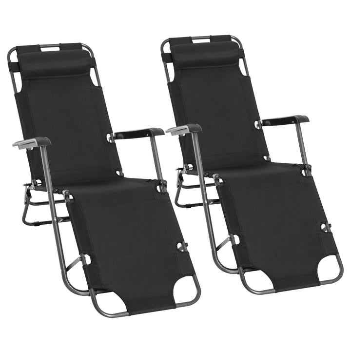 2 in 1 Folding Sun Lounger Reclining Garden Chair Set of 2 with 2-Level Adjustable Backrest, Outdoor Zero Gravity Recliner Garden Chairs with Head Pillow and Armrests, Black