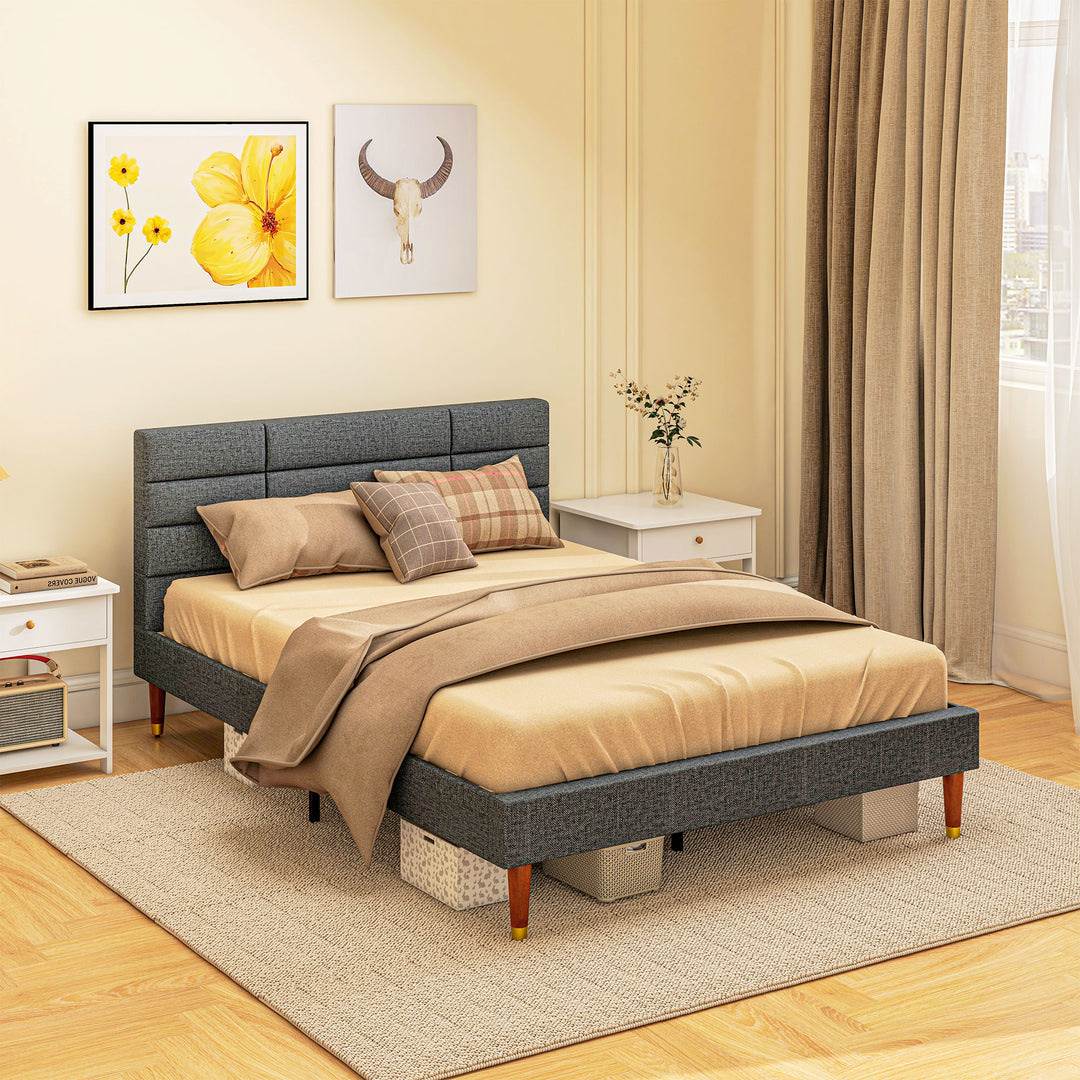 HOMCOM 4ft5 Upholstered Double Platform Bed Frame with Underbed Storage Tufted Headboard Wood Slat No Box Spring Needed