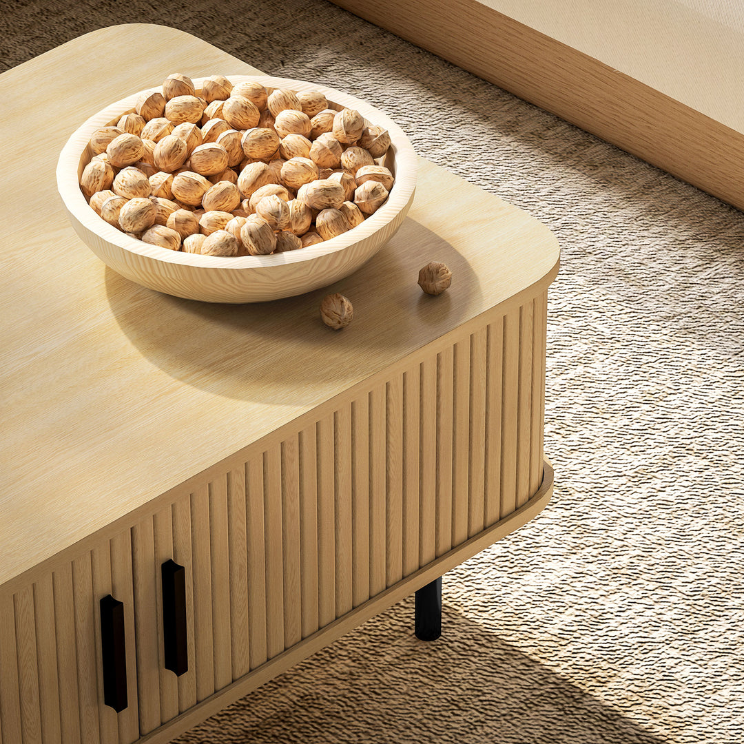 Coffee Table with Storage, Living Room Table with Slatted Tambour Sliding Doors and Foot Pads, Rectangular Coffee Table with Elevated Base for Living Room, Oak