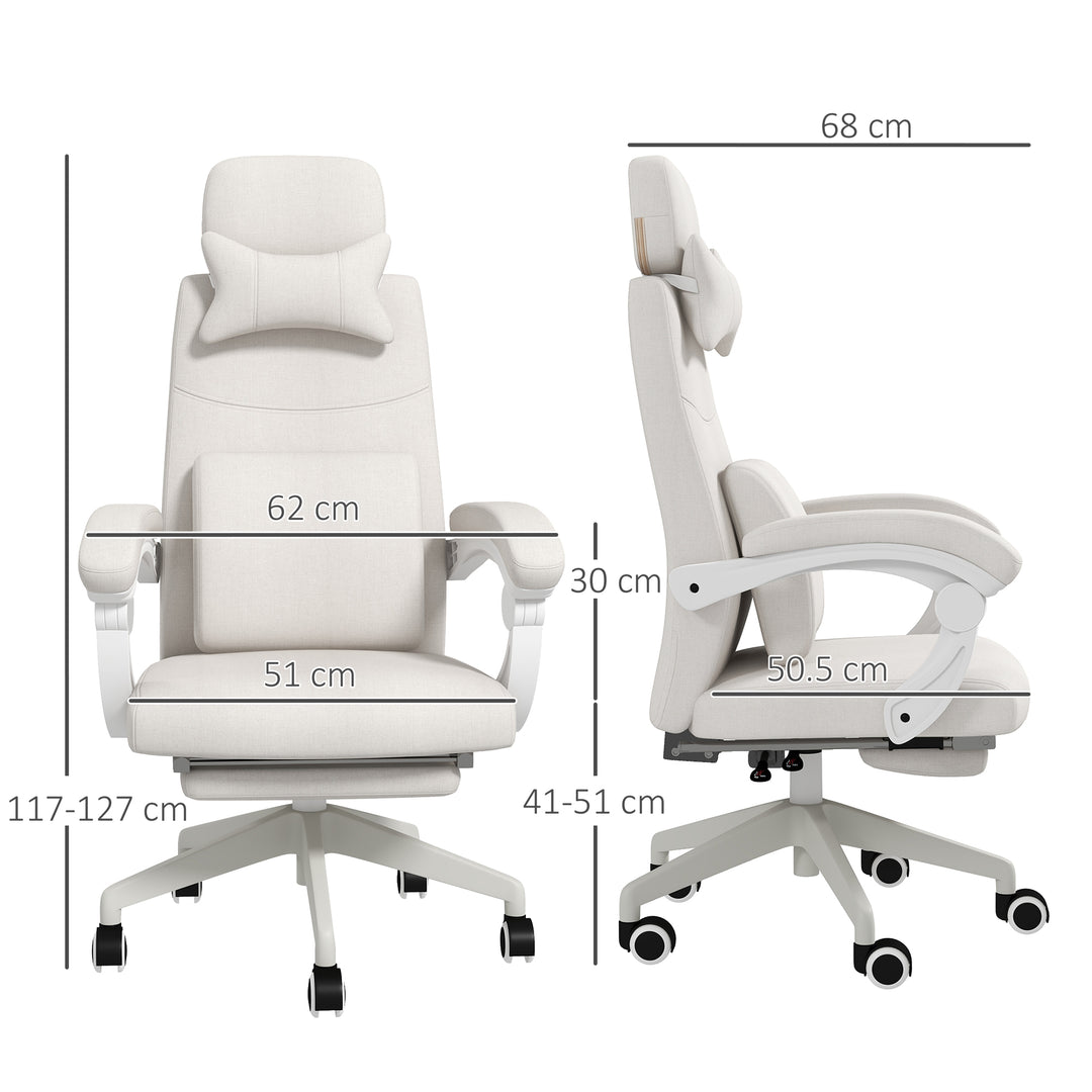 Linen-Look Office Chair, with 160° Reclining Back and Footrest - White