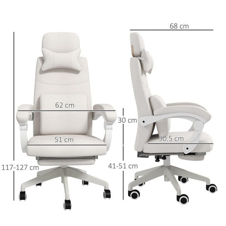 Linen-Look Office Chair, with 160° Reclining Back and Footrest - White