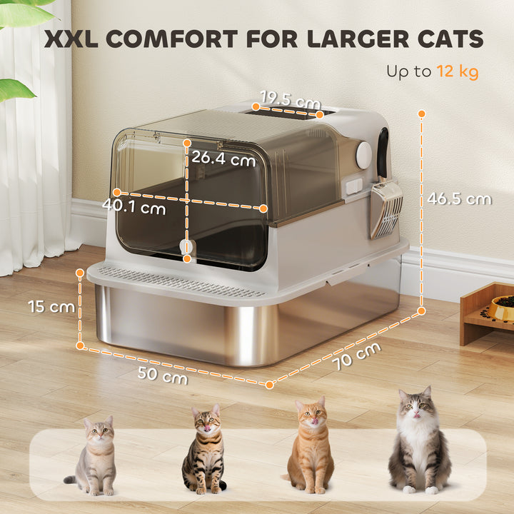 XXL Stainless Steel Cat Litter Tray, Enclosed Cat Litter Box with 90° Flip Cover, Double Doors, Scoop, Easy Clean