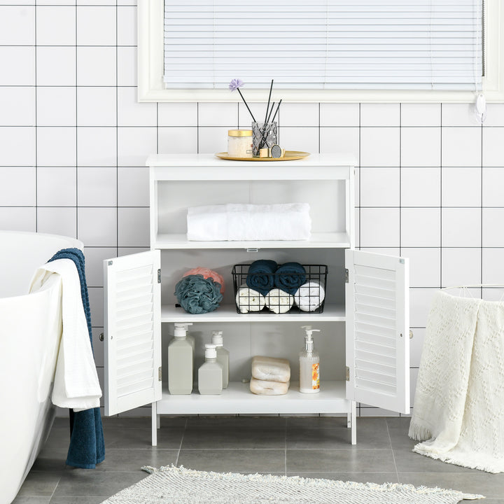Bathroom Storage Unit Cabinet with Open Storage Shelf, Freestanding Floor Cabinet Organizer with 2 Doors for Living Room Kitchen Entryway, White