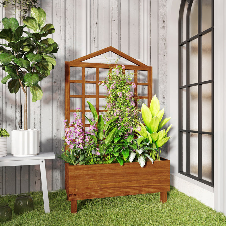 Garden Planters with Trellis for Vine Climbing, Distressed Wooden Raised Beds, 90x43x150cm, Brown