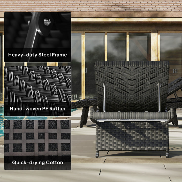 Outdoor PE Rattan Sun Lounger, Folding Wicker Garden Lounger Recliner with 4-Level Adjustable Backrest, Rolling Sunbed Lounge Chair with Wheels, Non-Slip Legs for Balcony, Beach, Black