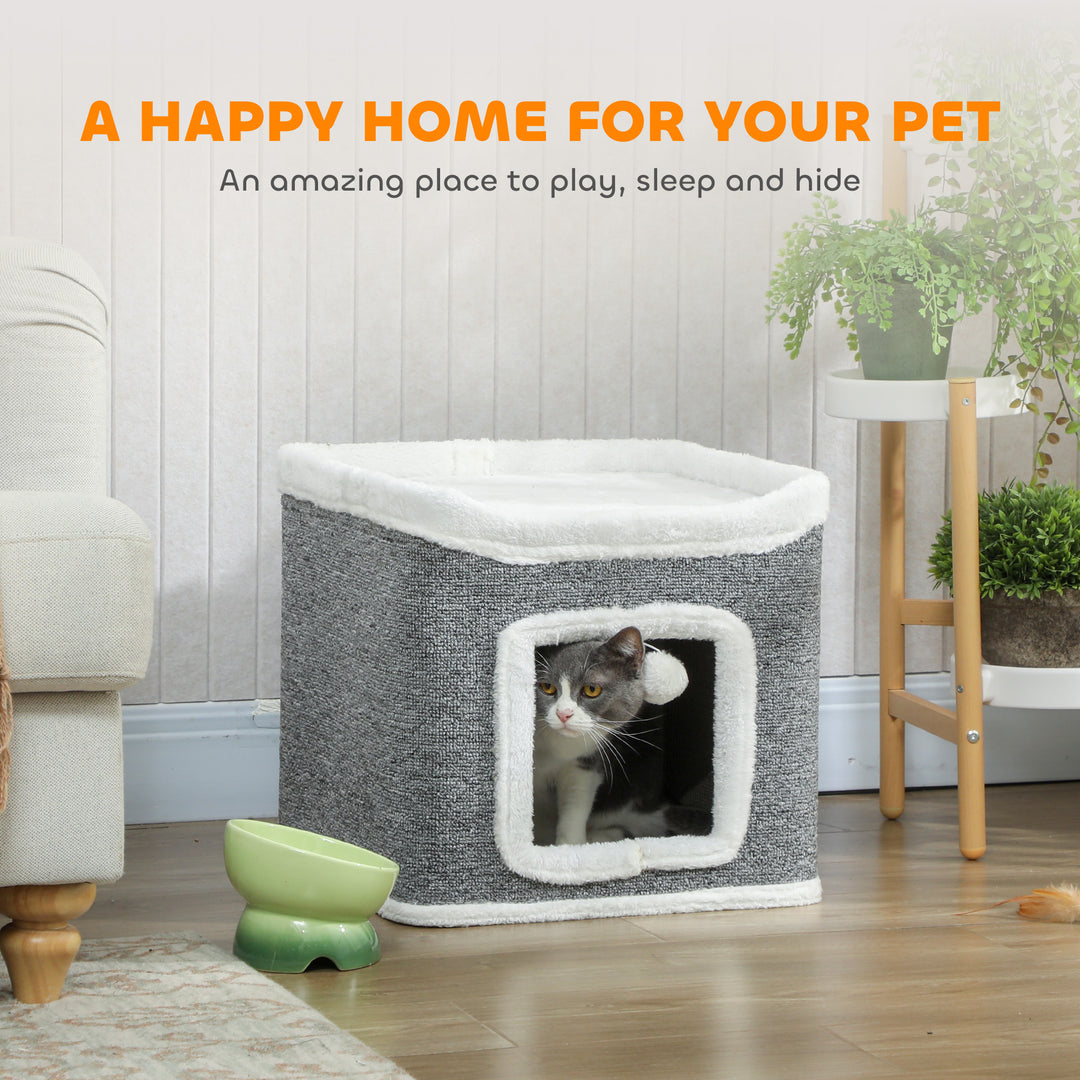 MCL Cat House for Indoor Kittens, 2-Level Cat Cave Bed with Fluffy Balls, Top Bed, Kitten Barrel for Multi Kitties, Grey