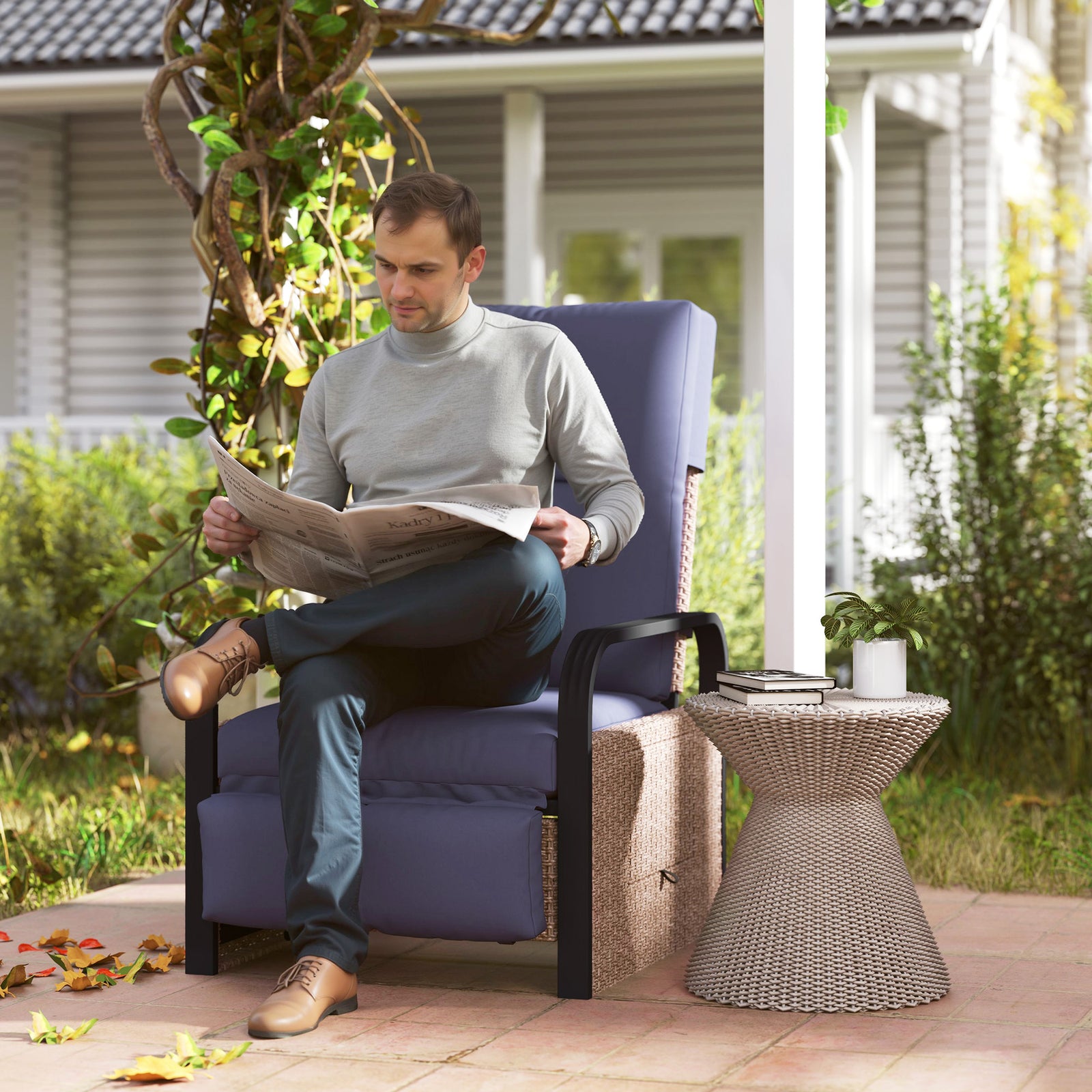 140° Reclining Rattan Armchair - Brown/Blue