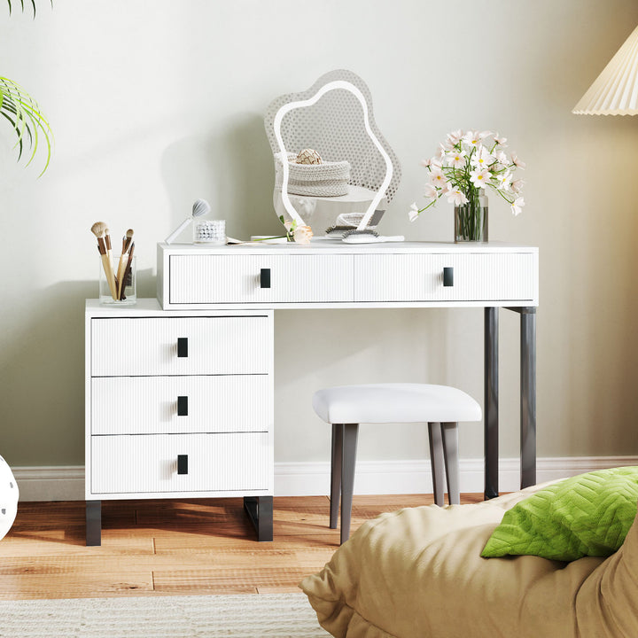 LED Lighted Dressing Table with Leaf Shape Mirror, Modern Vanity Desk with 5 Drawers, Makeup Desk with Fluted Panels, White