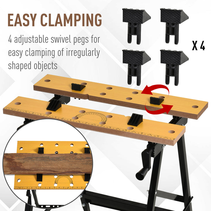 4-in-1 Work Bench, Folding Clamp Table w/ 4 Adjustable Clamping Pegs for DIY Home Garage, Black