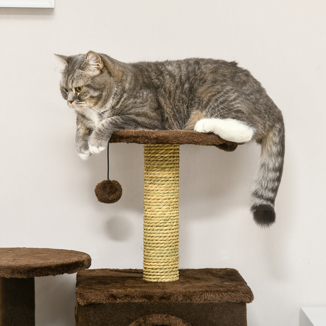 PawHut 136cm Cat Tree for Indoor Cats, Modern Cat Tower with Scratching Posts, house, Platforms, Toy Ball - Brown | Aosom UK