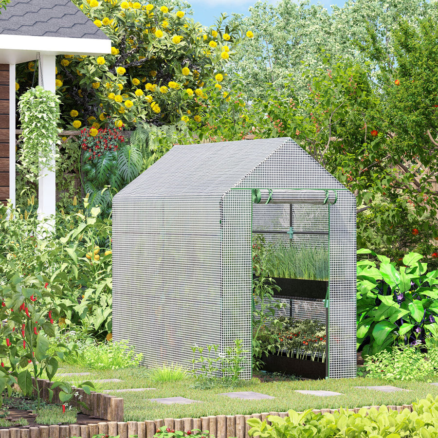 Walk In Greenhouse with 2-Tier Shelves, Roll up Zip Panel Door, Garden Polytunnel Steeple Grow House for Outdoor, 6 x 4 x 6ft White