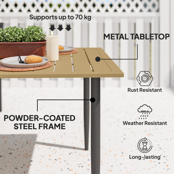 Garden Dining Table, 150 x 90 cm Rectangle Outdoor Table with 5 cm Parasol Hole, Slatted Tabletop and Steel Frame for Patio Balcony, (Table Only) Brown