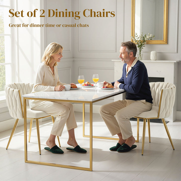 Velvet-Feel Dining Chairs Set of 2, Modern Upholstered Kitchen Chairs with Woven Backrest and Armrests, Metal Legs and Padded Seat for Dining Room, Bedroom, Living Room