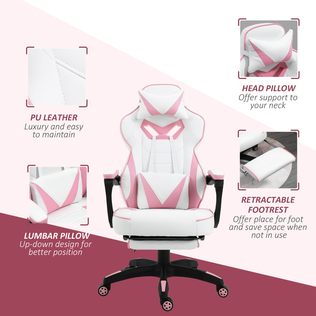 Computer Gaming Chair, Racing Desk Chair with Lumbar Support and Footrest, PU Leather Gamer Chair with Headrest and Swivel Wheels for Home, Pink