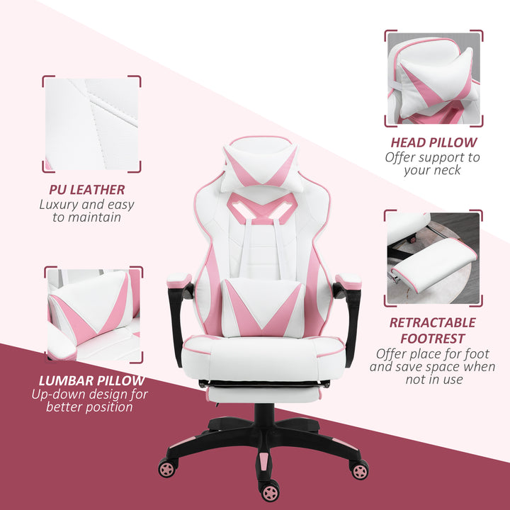 Computer Gaming Chair, Racing Desk Chair with Lumbar Support and Footrest, PU Leather Gamer Chair with Headrest and Swivel Wheels for Home, Pink