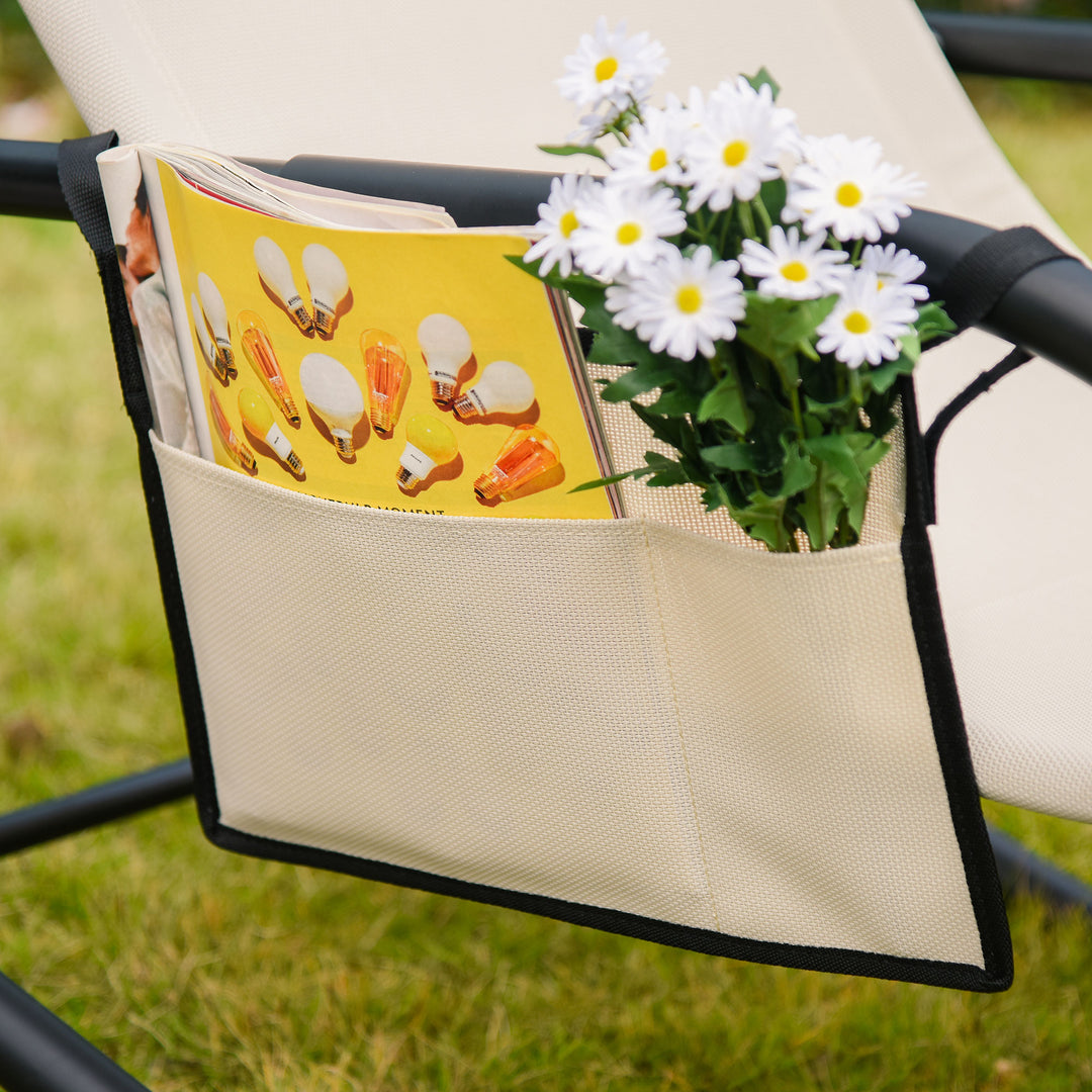 Outdoor Garden Rocking Chair, Patio Sun Lounger Rocker Chair with Breathable Mesh Fabric, Removable Headrest Pillow, Armrest, Side Storage Bag, Cream White
