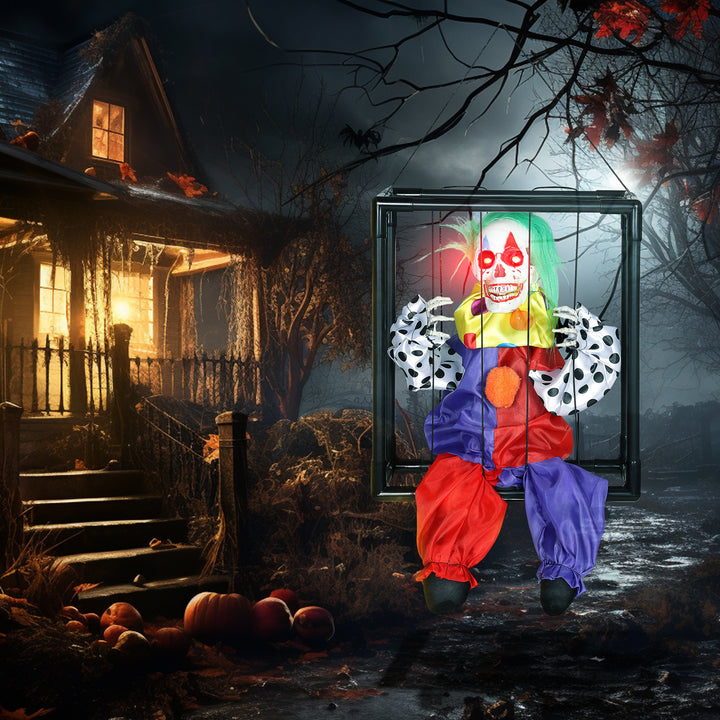 Outsunny Halloween Animated Hinging Clown in Cage with Glowing LED Eyes, Spooky Clown Scary Halloween Decorations, Battery Operated, Indoor Party Props