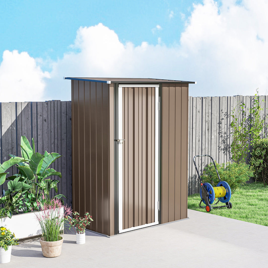 5ft x 3ft Metal Garden Storage Shed, Outdoor Tool Shed with Sloped Roof, Lockable Door for Tools, Equipment, Brown