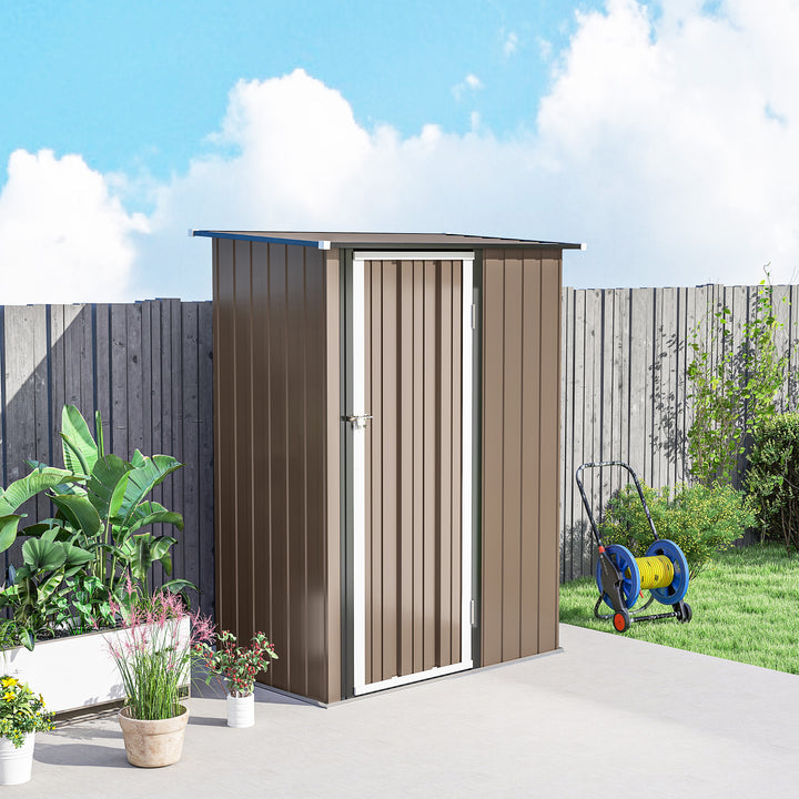 5ft x 3ft Metal Garden Storage Shed, Outdoor Tool Shed with Sloped Roof, Lockable Door for Tools, Equipment, Brown