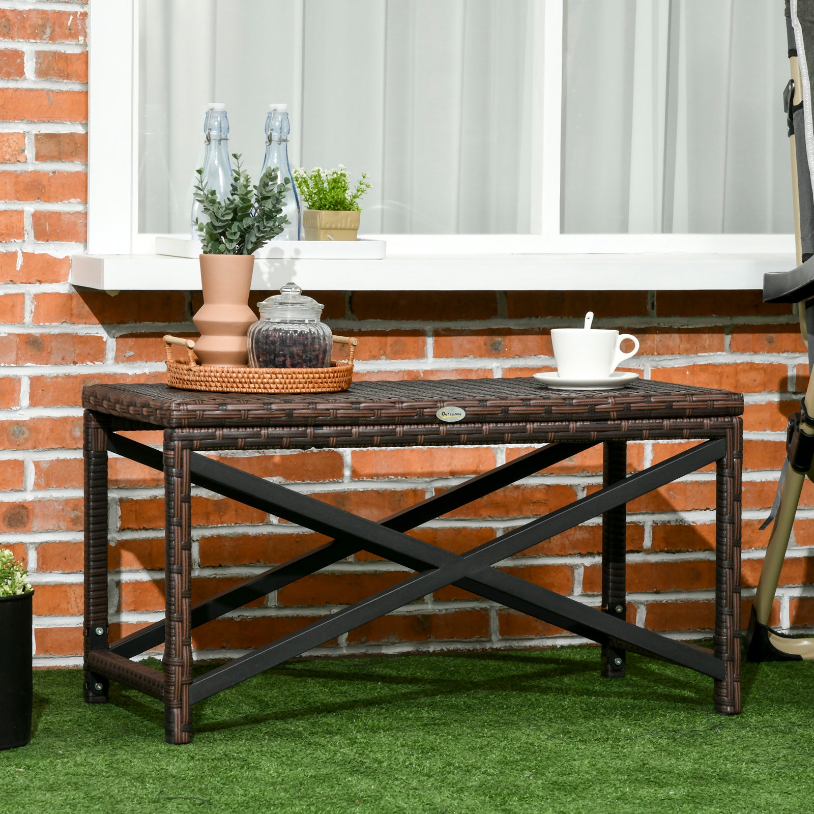 PE Rattan Garden Side Table, Outdoor Coffee Table with X-Shape Frame, 