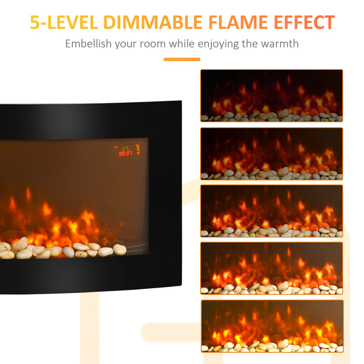 HOMCOM Led Wall Mounted Fireplace Curved Glass Electric Fire Place Fire Place 7 Colour Side Lights Slimline, 1000/2000W, 89.2cm x 48cm