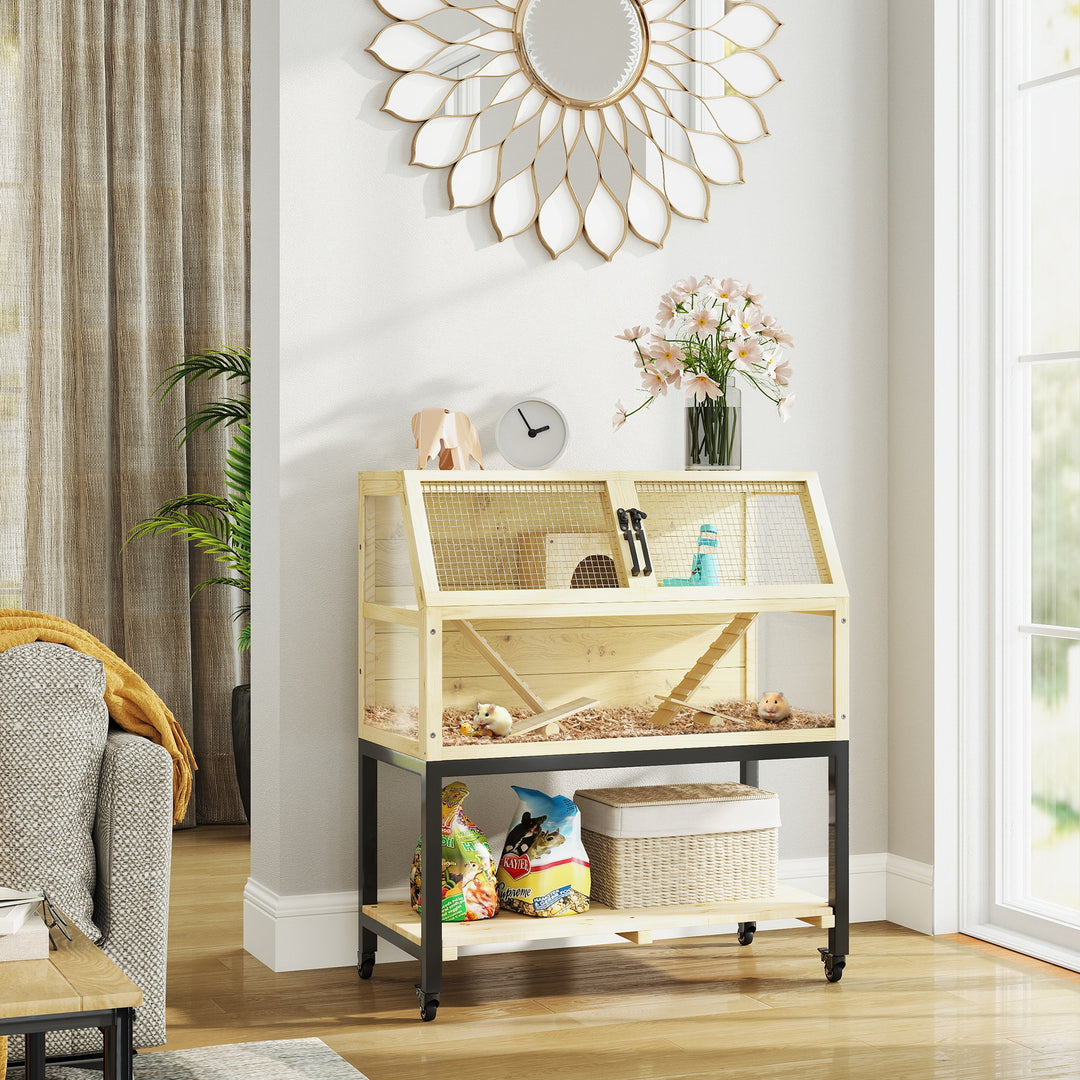 Wooden Hamster Cage with Storage Shelf, Wheels, Ramps, Water Bottle, Hut, Seesaws