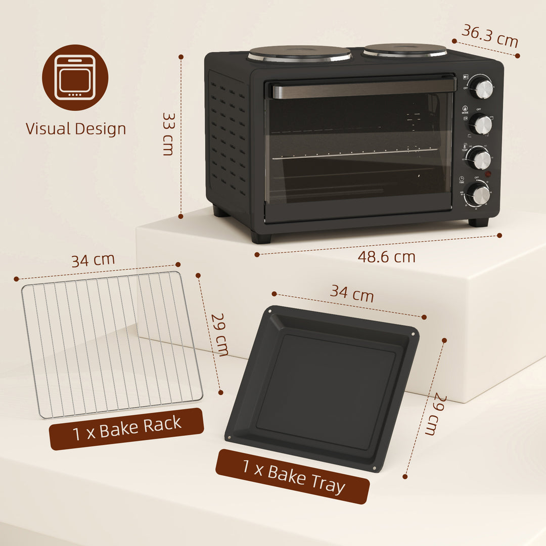 28L Mini Oven with 2 Hot Plates, Countertop Toaster Oven, Grill, Roast, Bake, Boil, with Timer, Adjustable Temperature, Electric Oven with Baking Tray, Grill Rack, Crumb Tray, 2600W, Black
