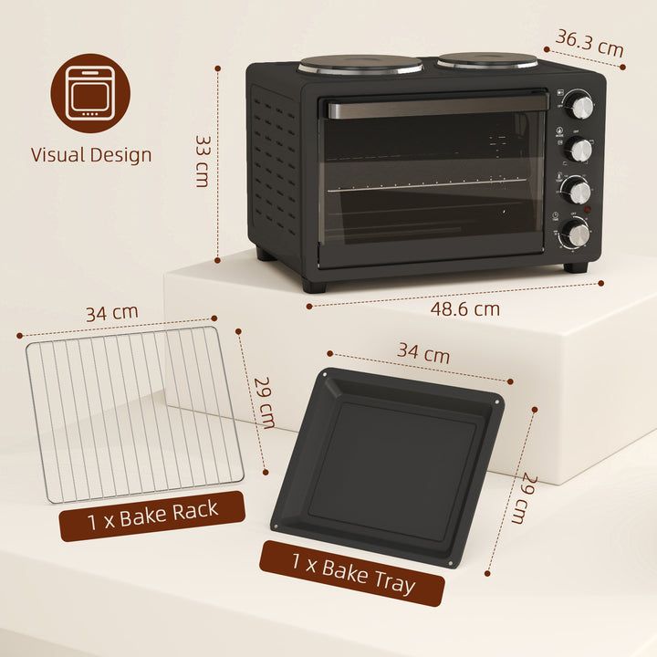 28L Mini Oven with 2 Hot Plates, Countertop Toaster Oven, Grill, Roast, Bake, Boil, with Timer, Adjustable Temperature, Electric Oven with Baking Tray, Grill Rack, Crumb Tray, 2600W, Black
