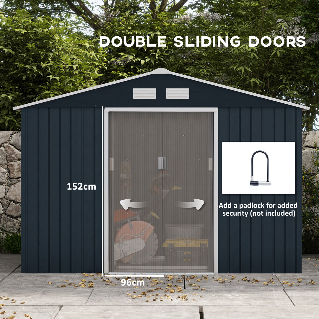9 x 6ft Metal Bicycle Shed, Outdoor Storage Tool House with Ventilation Slots, Foundation Kit and Lockable Double Doors, Dark Grey